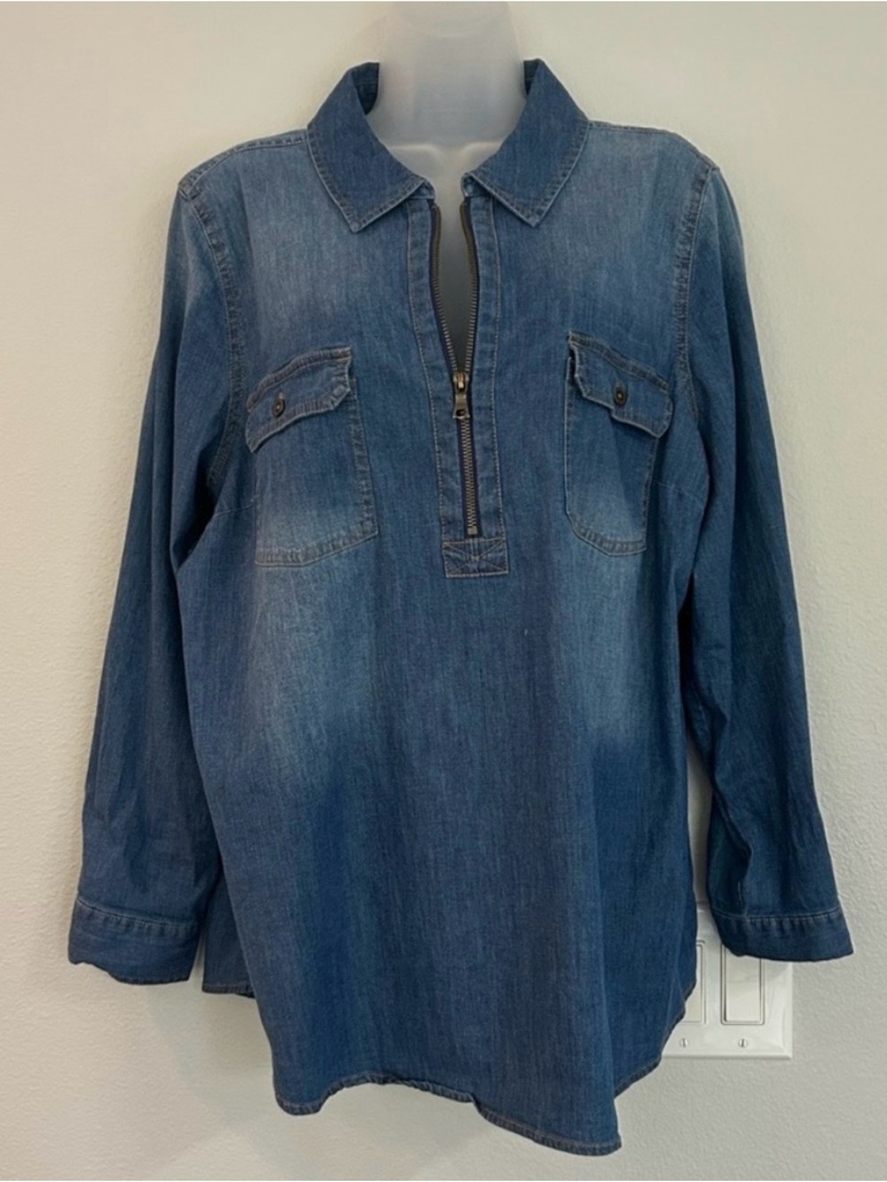 Denim&Co Blue Denim Zip-Pullover Shirt Size XL